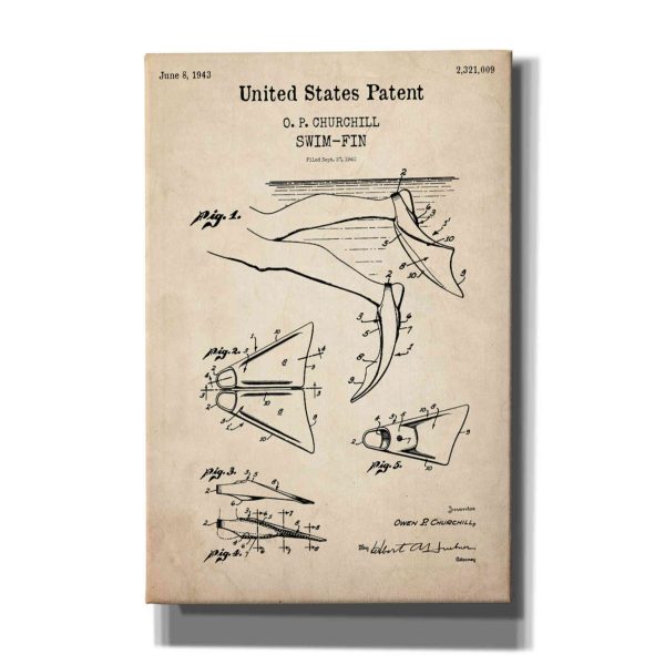 Swim Fin Blueprint Patent Parchment,  Canvas Wall Art Supply