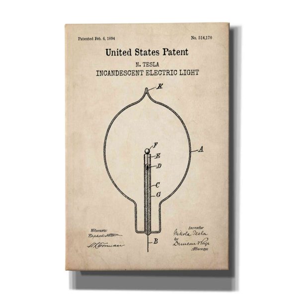 Incandescent Lightbulb Blueprint Patent Parchment,  Canvas Wall Art Online Sale