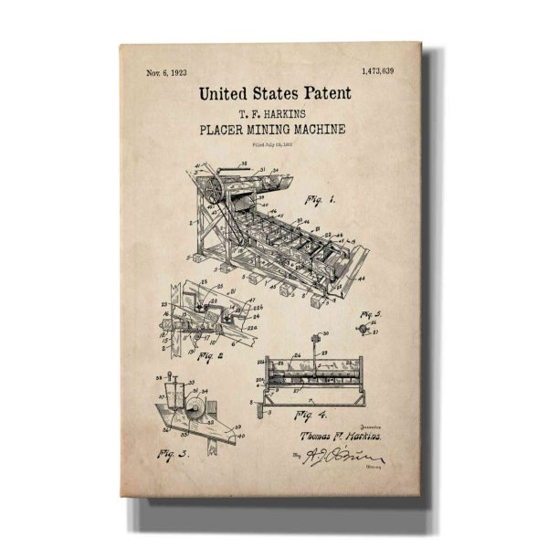 Mining Machine Blueprint Patent Parchment,  Canvas Wall Art Online