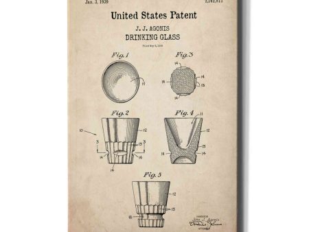 Drinking Glass Blueprint Patent Parchment,  Canvas Wall Art Supply