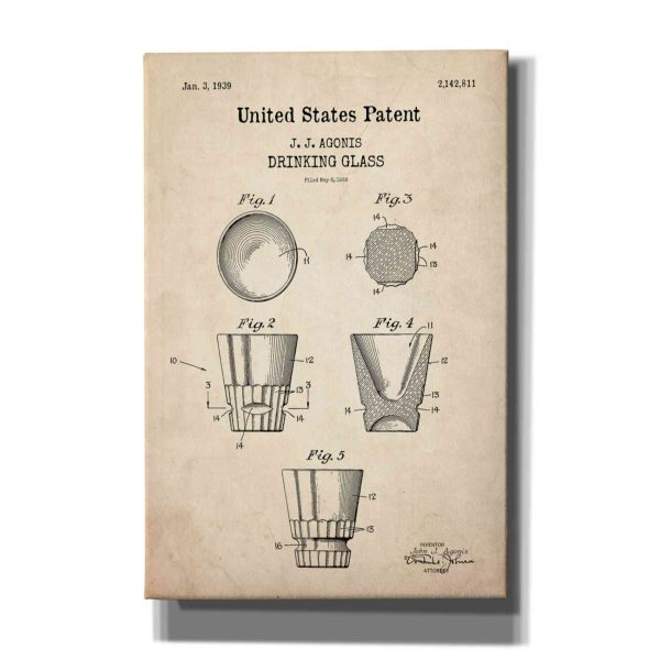 Drinking Glass Blueprint Patent Parchment,  Canvas Wall Art Supply