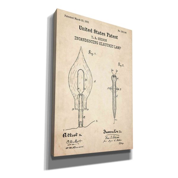 Incandescent Lamp Blueprint Patent Parchment,  Canvas Wall Art For Discount