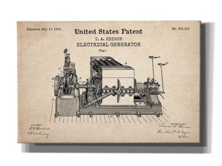 Edison Electric Generator Blueprint Patent Parchment,  Canvas Wall Art Supply