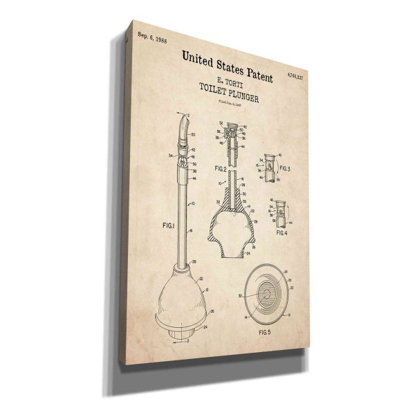 Toilet Plunger Blueprint Patent Parchment,  Canvas Wall Art For Cheap