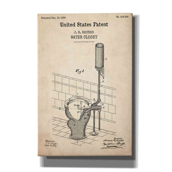 Water Closet Blueprint Patent Parchment,  Canvas Wall Art on Sale