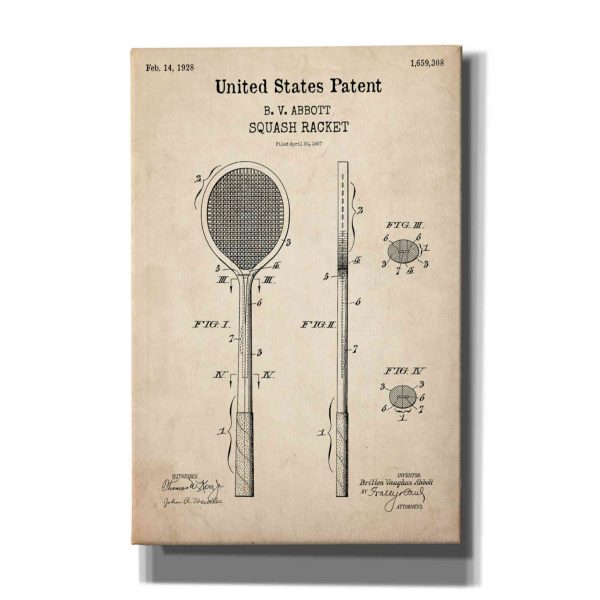 Squash Racket Blueprint Patent Parchment,  Canvas Wall Art Supply