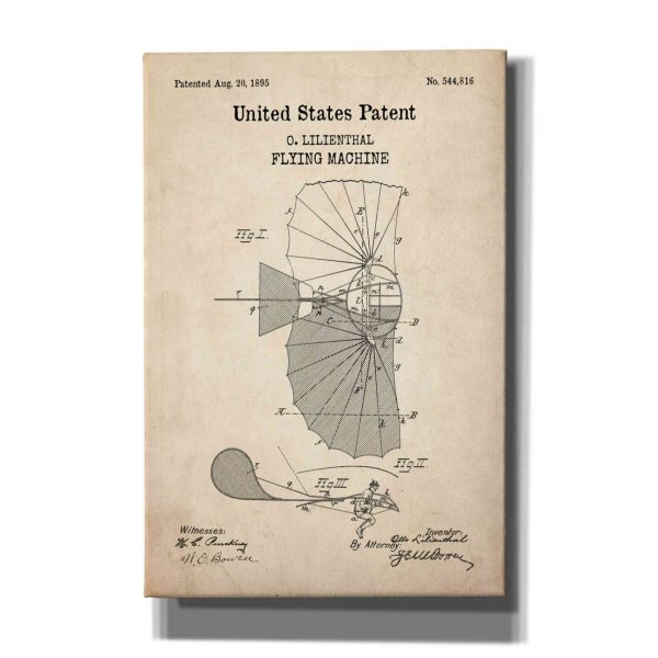 Flying Machine Blueprint Patent Parchment,  Canvas Wall Art Discount