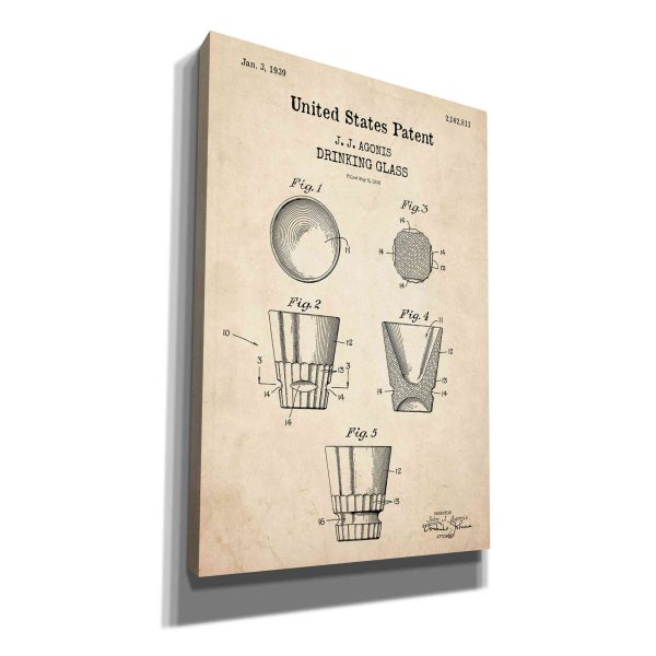 Drinking Glass Blueprint Patent Parchment,  Canvas Wall Art Supply