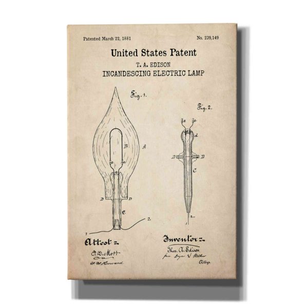 Incandescent Lamp Blueprint Patent Parchment,  Canvas Wall Art For Discount