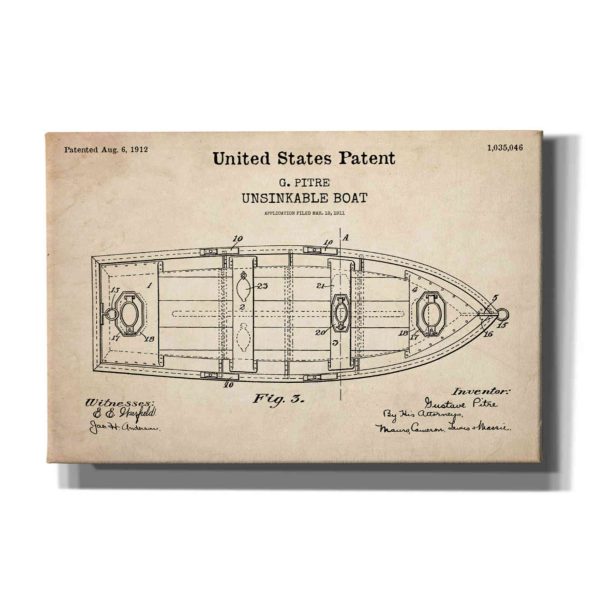 Unsinkable Boat Blueprint Patent Parchment,  Canvas Wall Art For Cheap