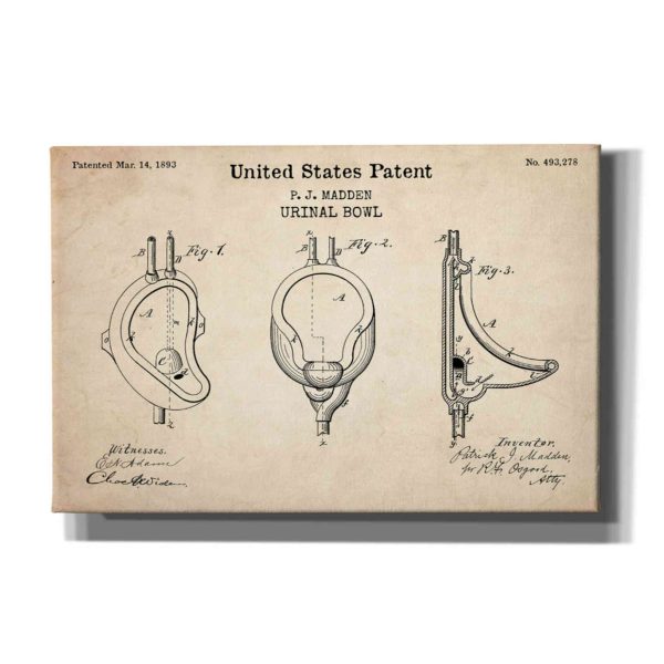 Urinal Blueprint Patent Parchment,  Canvas Wall Art Discount