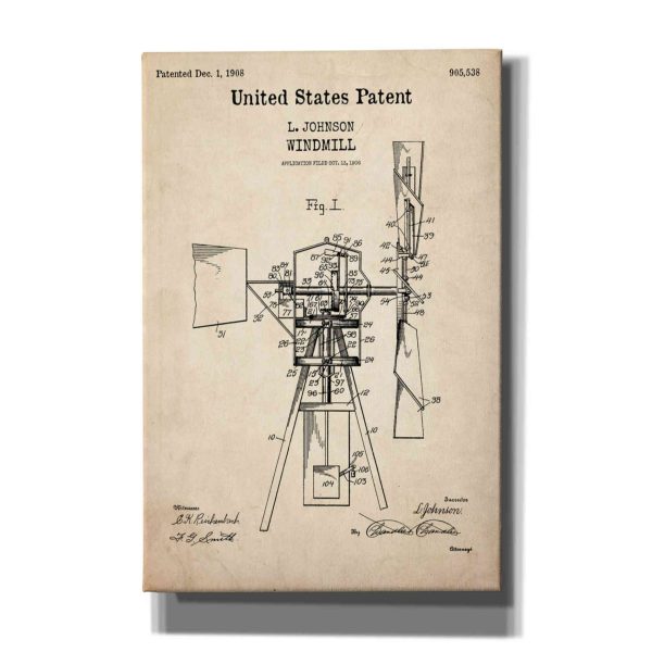 Windmill Blueprint Patent Parchment,  Canvas Wall Art Online now