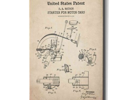 Starter for Motor Cars Blueprint Patent Parchment,  Canvas Wall Art Hot on Sale