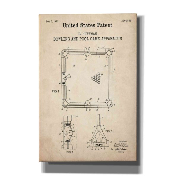 Bowling and Pool Game Apparatus Blueprint Patent Parchment,  Canvas Wall Art Cheap