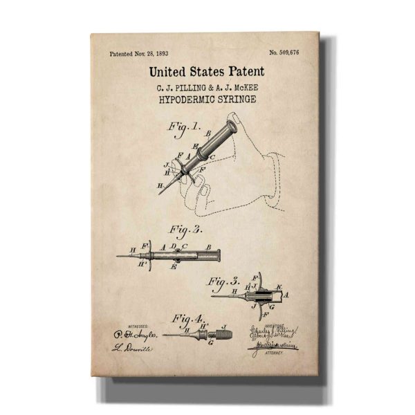 Hypodermic Syringe Blueprint Patent Parchment,  Canvas Wall Art For Discount