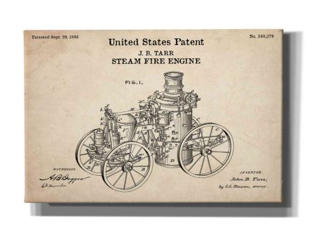 Steam Fire Engine Blueprint Patent Parchment,  Canvas Wall Art For Sale