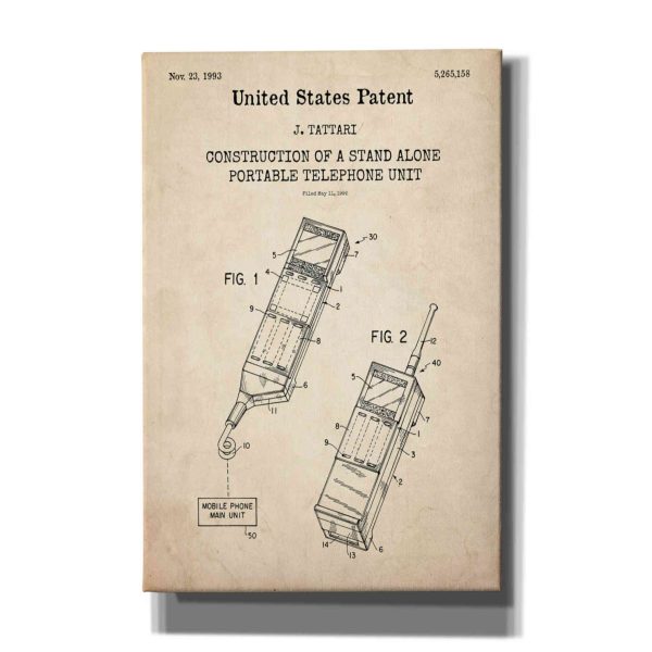 Portable Phone Unit Blueprint Patent Parchment,  Canvas Wall Art Fashion