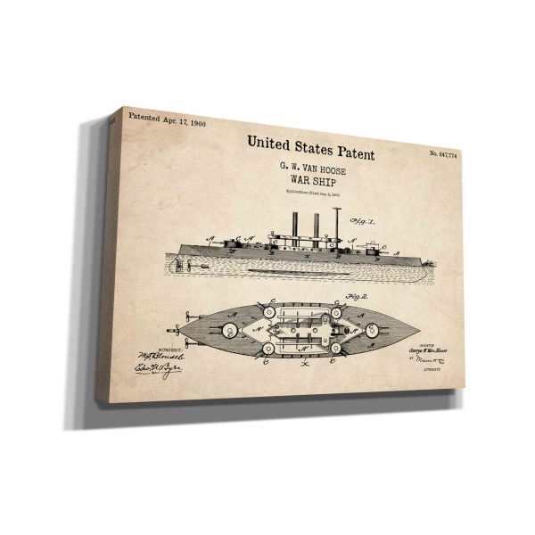 War Ship Blueprint Patent Parchment,  Canvas Wall Art For Discount