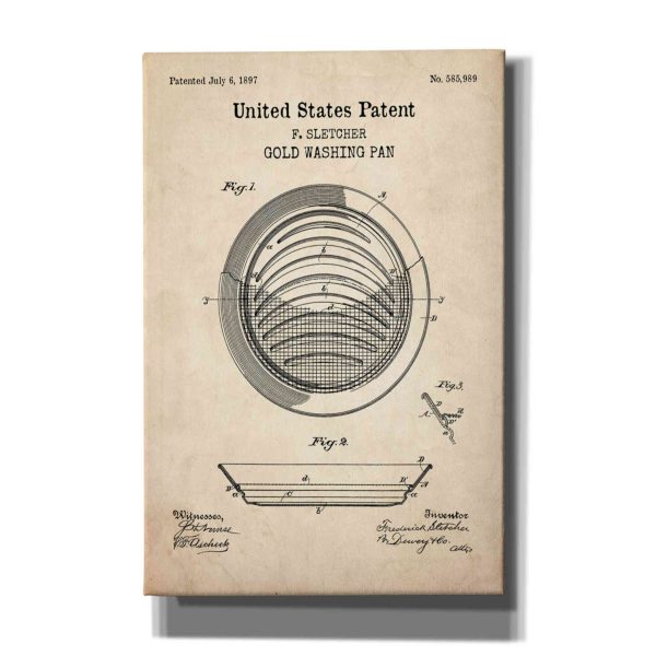 Gold Pan Blueprint Patent Parchment,  Canvas Wall Art For Sale